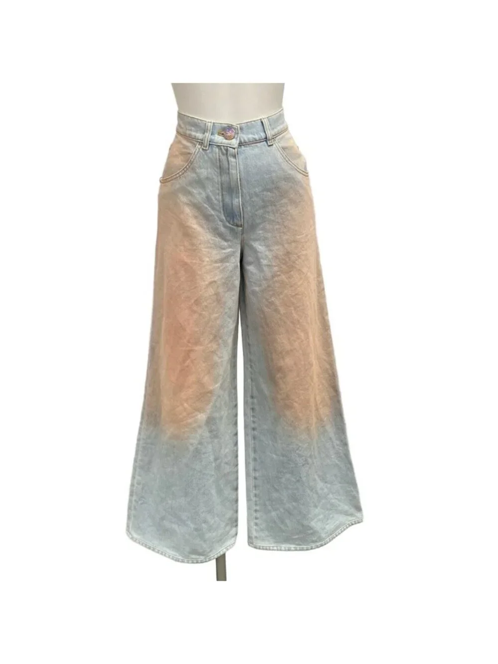 Chanel Jeans 34 S Light Blue Light Pink Wide Pants Gradient Cotton